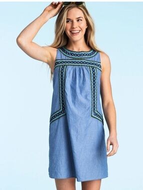 💙Vineyard Vines Yarn Dye Blue Striped Embroidered Sleeveless Shift Dress M💙